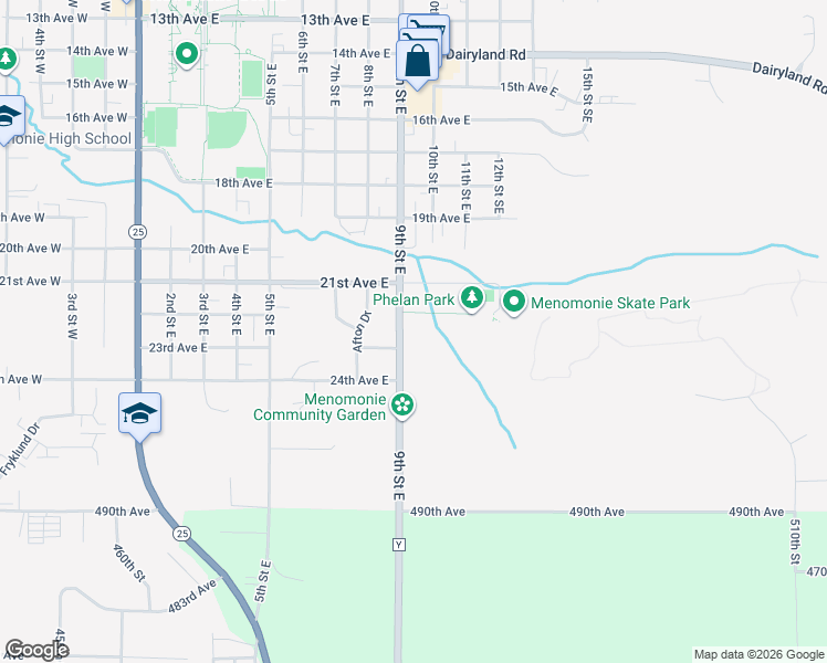 map of restaurants, bars, coffee shops, grocery stores, and more near 2216 9th Street East in Menomonie