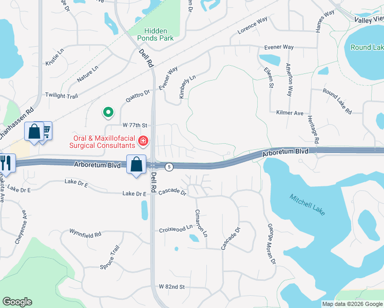 map of restaurants, bars, coffee shops, grocery stores, and more near 18209 Warbler Lane in Eden Prairie