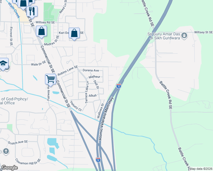 map of restaurants, bars, coffee shops, grocery stores, and more near 6488 Robin Hood Street Southeast in Salem