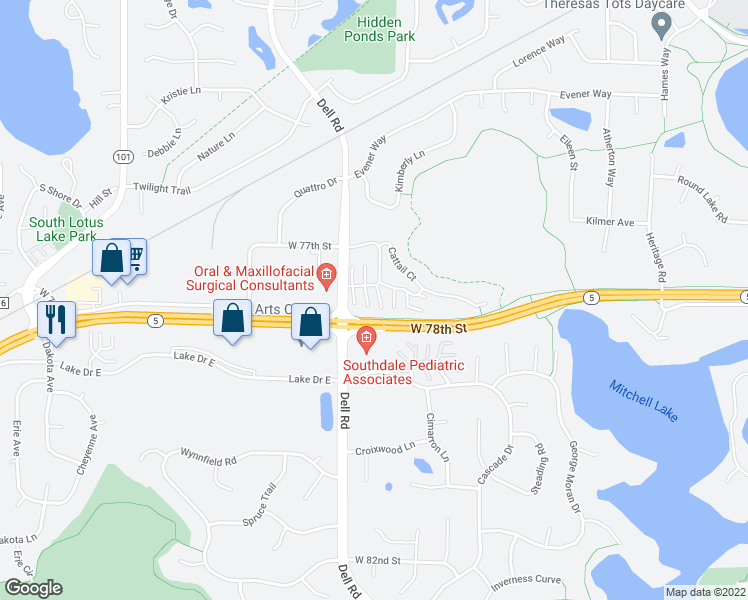 map of restaurants, bars, coffee shops, grocery stores, and more near 18300 Coneflower Lane in Eden Prairie