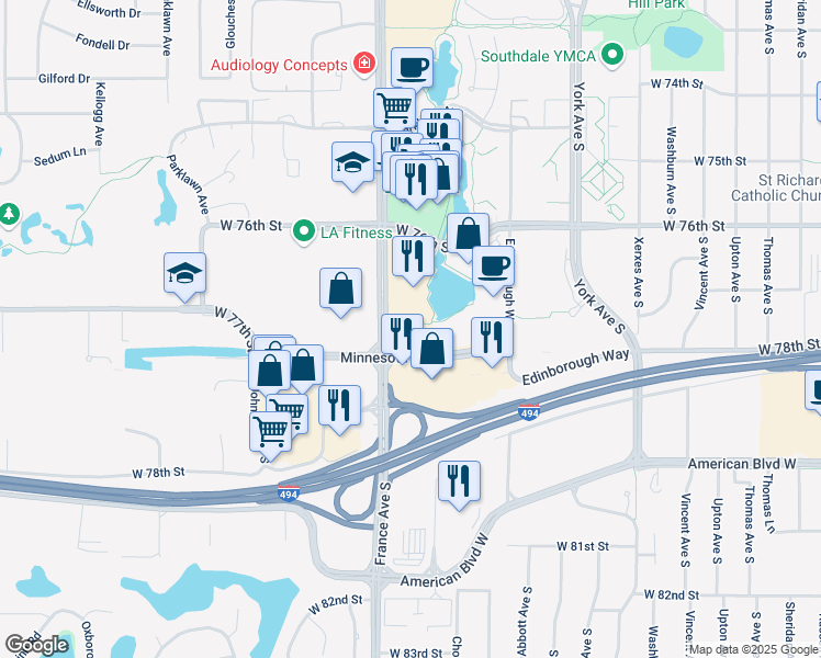 map of restaurants, bars, coffee shops, grocery stores, and more near 7701 France Avenue South in Minneapolis