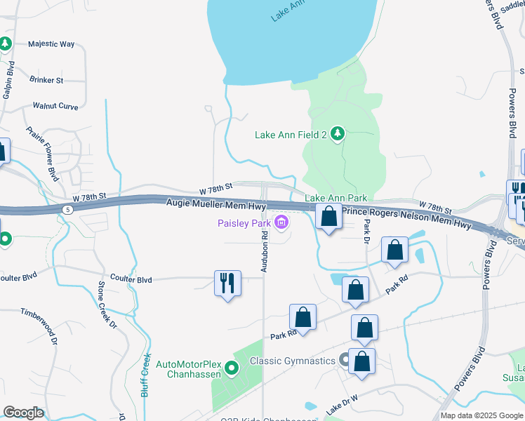 map of restaurants, bars, coffee shops, grocery stores, and more near 7802 Audubon Road in Chanhassen