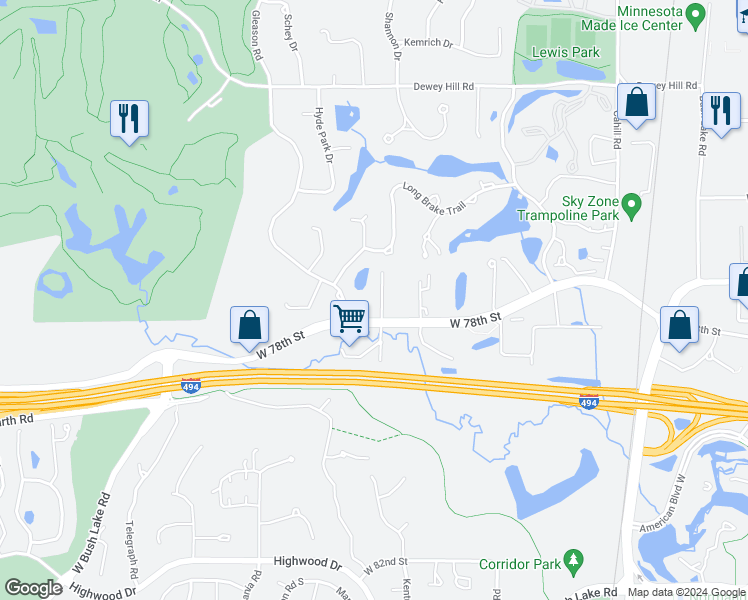 map of restaurants, bars, coffee shops, grocery stores, and more near 7730 Marth Court in Minneapolis