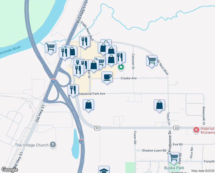 map of restaurants, bars, coffee shops, grocery stores, and more near 803 Industrial Park Avenue in Rothschild