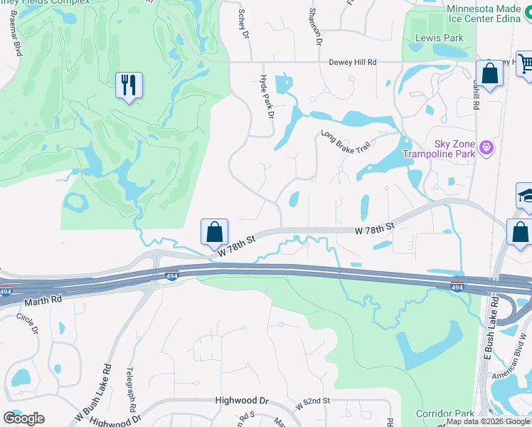 map of restaurants, bars, coffee shops, grocery stores, and more near 7715 Tanglewood Court in Minneapolis