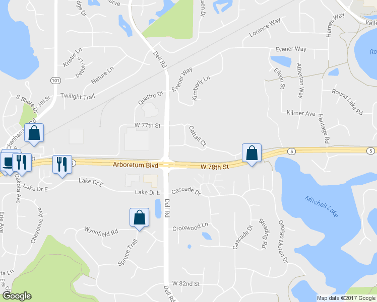 map of restaurants, bars, coffee shops, grocery stores, and more near 18300 Coneflower Lane in Eden Prairie