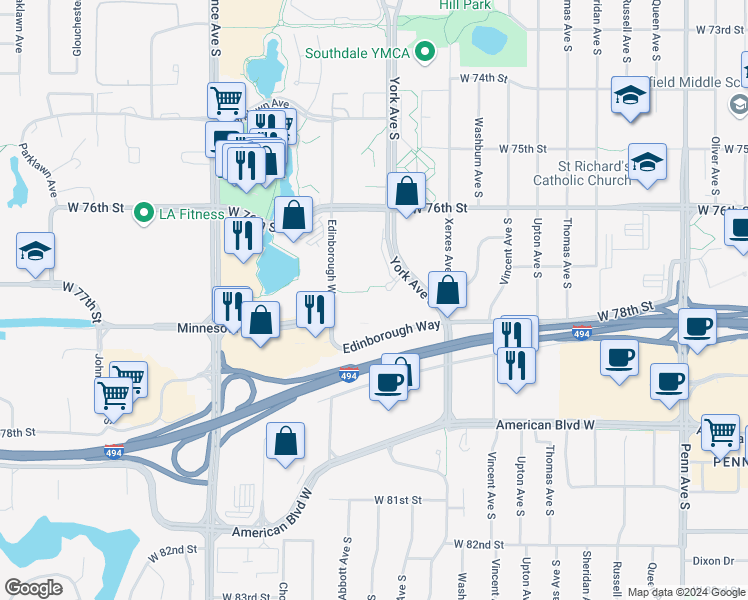 map of restaurants, bars, coffee shops, grocery stores, and more near 3400 Edinborough Way in Edina