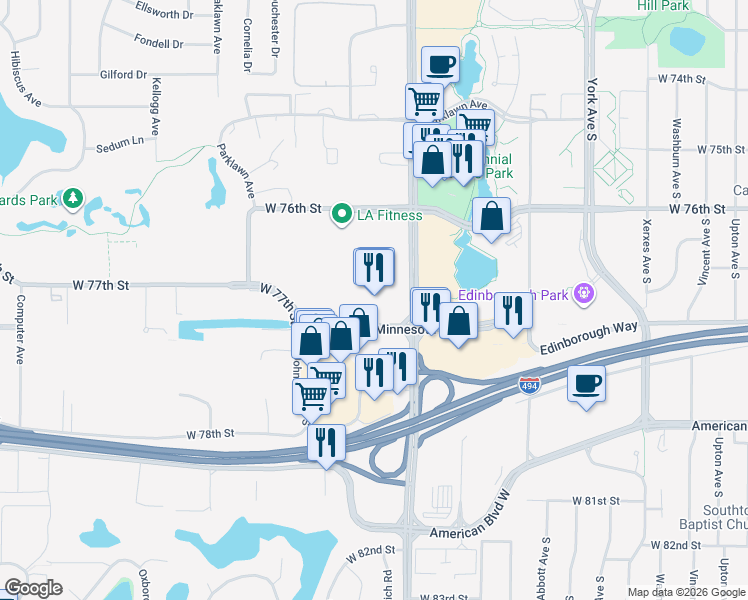 map of restaurants, bars, coffee shops, grocery stores, and more near 7700 France Avenue South in Bloomington
