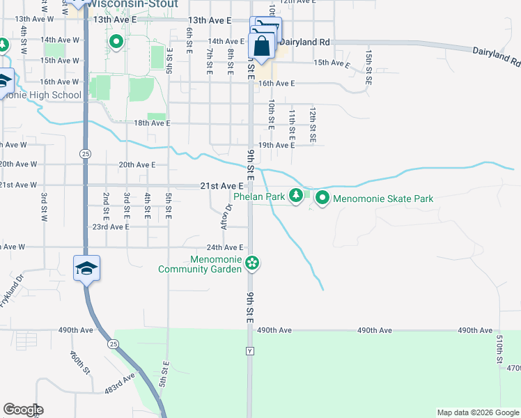 map of restaurants, bars, coffee shops, grocery stores, and more near 2216 9th Street East in Menomonie