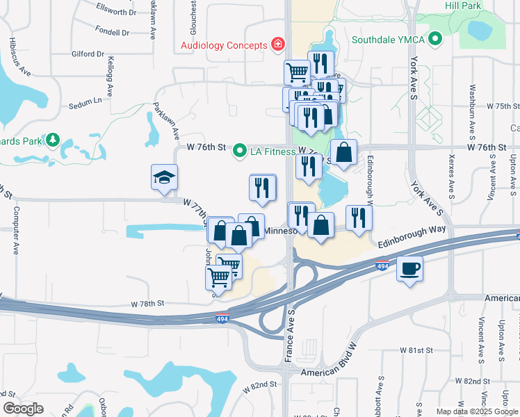 map of restaurants, bars, coffee shops, grocery stores, and more near 7730 France Avenue South in Edina