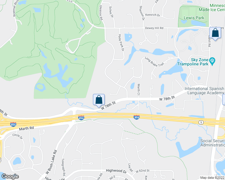 map of restaurants, bars, coffee shops, grocery stores, and more near 7712 Tanglewood Court in Minneapolis