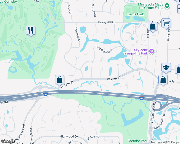 map of restaurants, bars, coffee shops, grocery stores, and more near 7700 Marth Court in Minneapolis