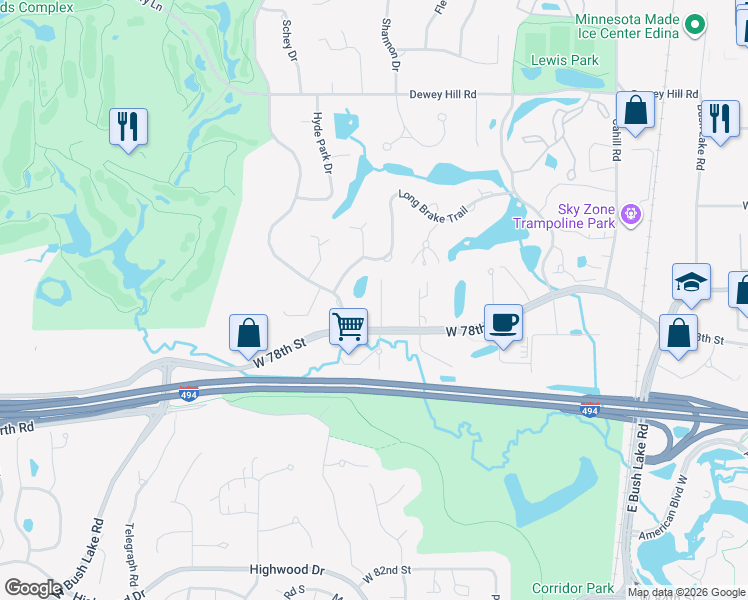 map of restaurants, bars, coffee shops, grocery stores, and more near 7700 Marth Court in Minneapolis