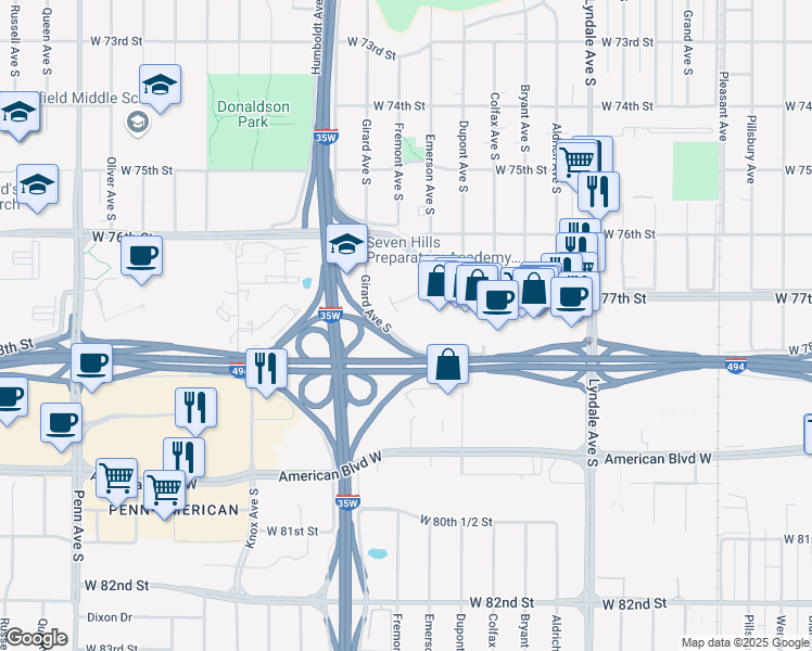 map of restaurants, bars, coffee shops, grocery stores, and more near 1 Meridian in Richfield