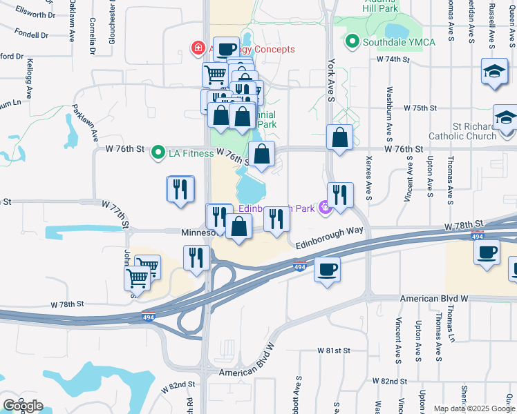 map of restaurants, bars, coffee shops, grocery stores, and more near 3600 Minnesota Drive in Minneapolis
