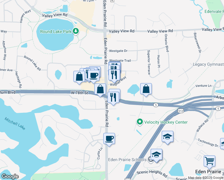 map of restaurants, bars, coffee shops, grocery stores, and more near 16395 Wagner Way in Eden Prairie
