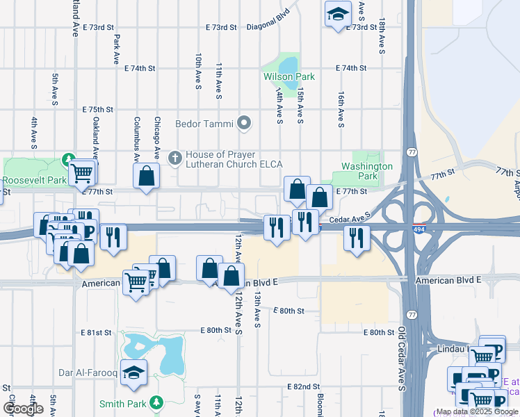 map of restaurants, bars, coffee shops, grocery stores, and more near 1312 East 78th Street in Richfield