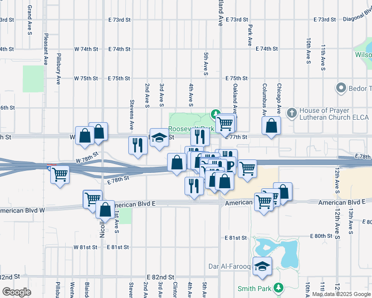 map of restaurants, bars, coffee shops, grocery stores, and more near 345 East 77th Street in Minneapolis