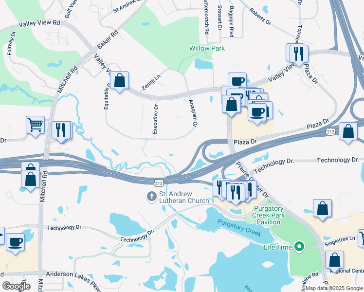 map of restaurants, bars, coffee shops, grocery stores, and more near 7653 Anagram Drive in Eden Prairie