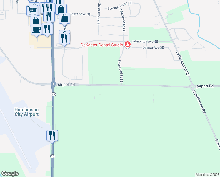 map of restaurants, bars, coffee shops, grocery stores, and more near 1590 Sherwood Street Southeast in Hutchinson