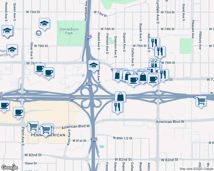 map of restaurants, bars, coffee shops, grocery stores, and more near 1 Meridian in Richfield
