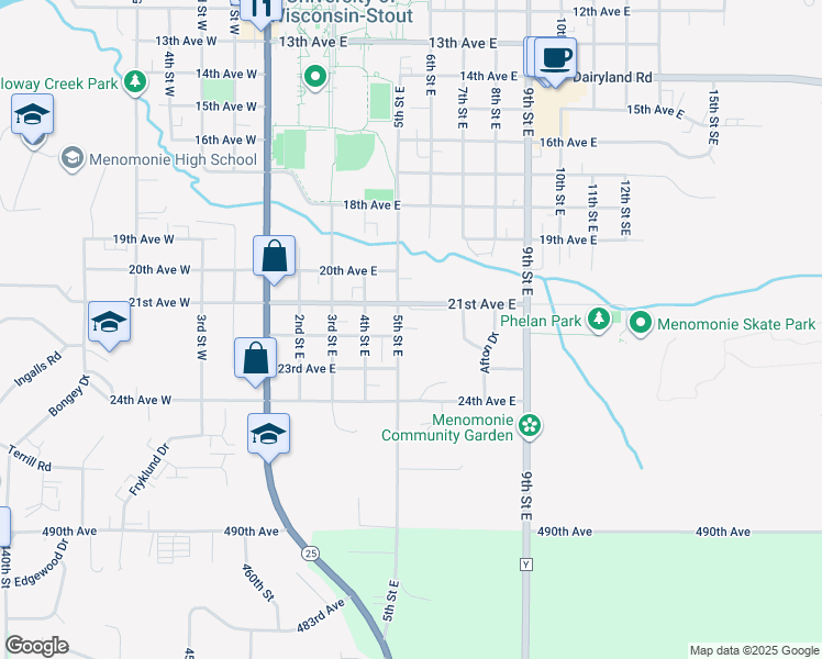 map of restaurants, bars, coffee shops, grocery stores, and more near 2103 5th Street East in Menomonie