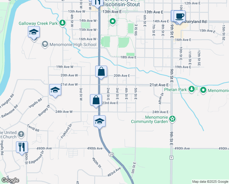 map of restaurants, bars, coffee shops, grocery stores, and more near 220 21st Avenue East in Menomonie