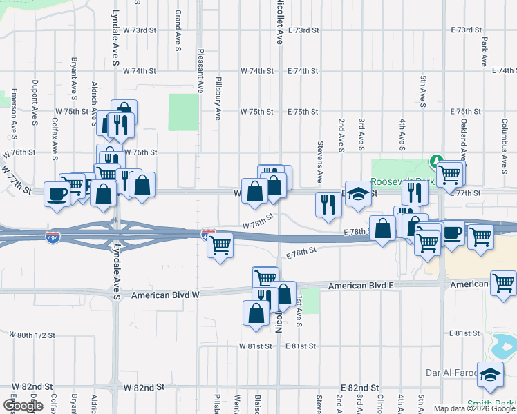 map of restaurants, bars, coffee shops, grocery stores, and more near 45 West 77th Street in Minneapolis