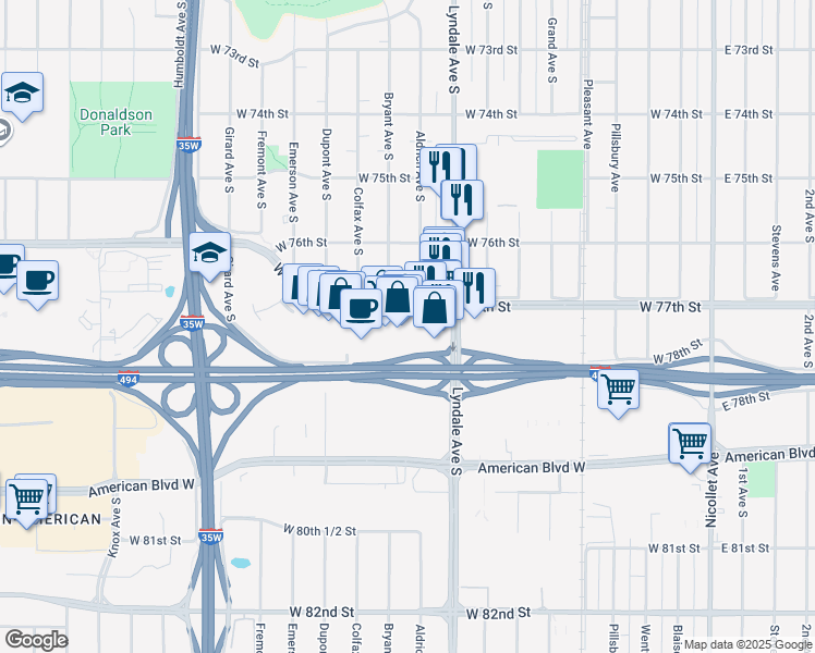 map of restaurants, bars, coffee shops, grocery stores, and more near 820 West 77th Street in Minneapolis