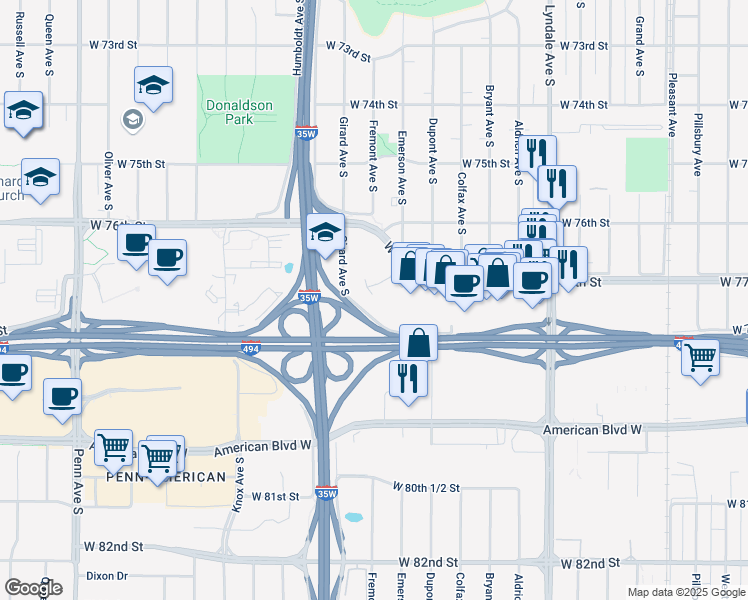 map of restaurants, bars, coffee shops, grocery stores, and more near 1 Meridian Crossings in Richfield