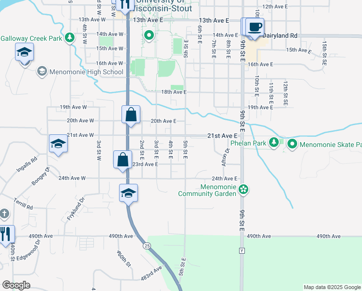 map of restaurants, bars, coffee shops, grocery stores, and more near 2103 5th Street East in Menomonie