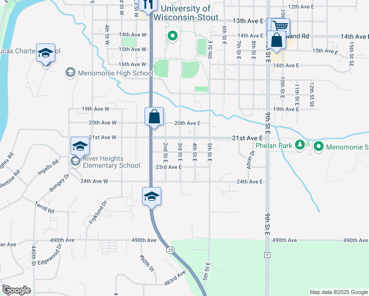 map of restaurants, bars, coffee shops, grocery stores, and more near 220 21st Avenue East in Menomonie