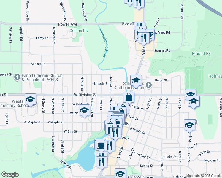 map of restaurants, bars, coffee shops, grocery stores, and more near 525 Clark Street in River Falls