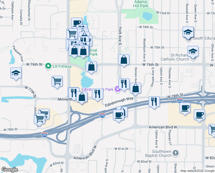 map of restaurants, bars, coffee shops, grocery stores, and more near 7622 York Avenue South in Minneapolis