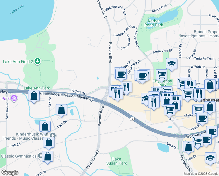 map of restaurants, bars, coffee shops, grocery stores, and more near 8921 Crossroads Boulevard in Chanhassen