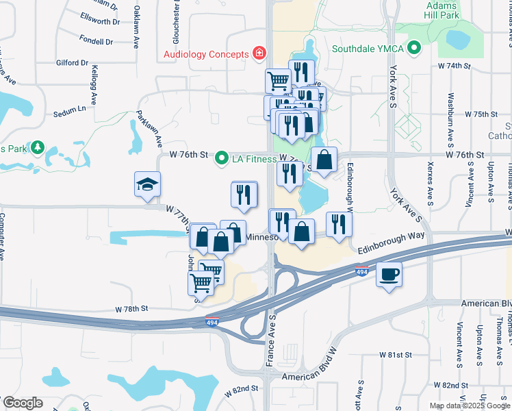 map of restaurants, bars, coffee shops, grocery stores, and more near 7730 France Avenue South in Edina