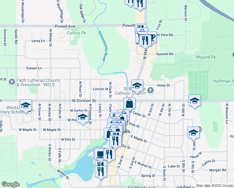 map of restaurants, bars, coffee shops, grocery stores, and more near 525 Clark Street in River Falls