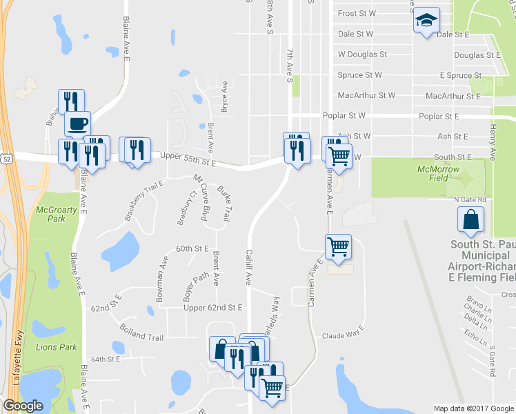 map of restaurants, bars, coffee shops, grocery stores, and more near 5905 Cahill Avenue in Inver Grove Heights