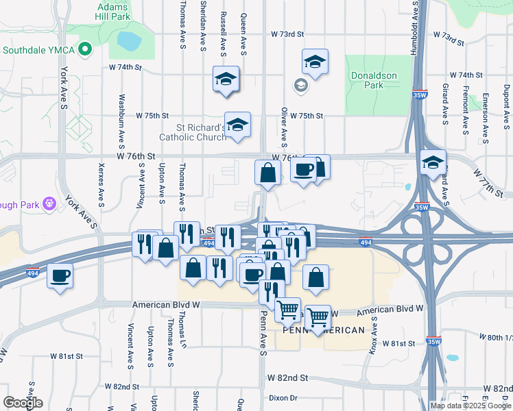 map of restaurants, bars, coffee shops, grocery stores, and more near 7744 Penn Avenue South in Minneapolis