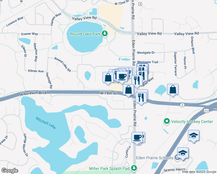map of restaurants, bars, coffee shops, grocery stores, and more near 16570 Main Street in Eden Prairie