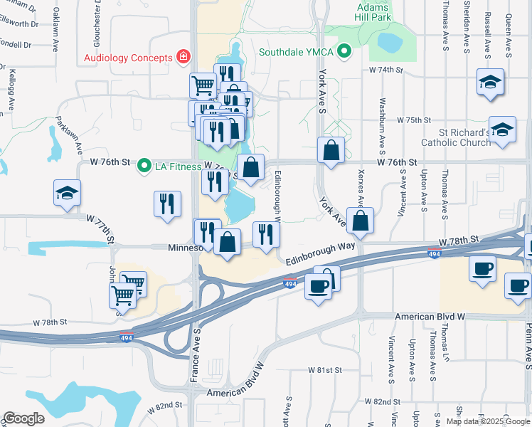 map of restaurants, bars, coffee shops, grocery stores, and more near 7650 Edinborough Way in Minneapolis