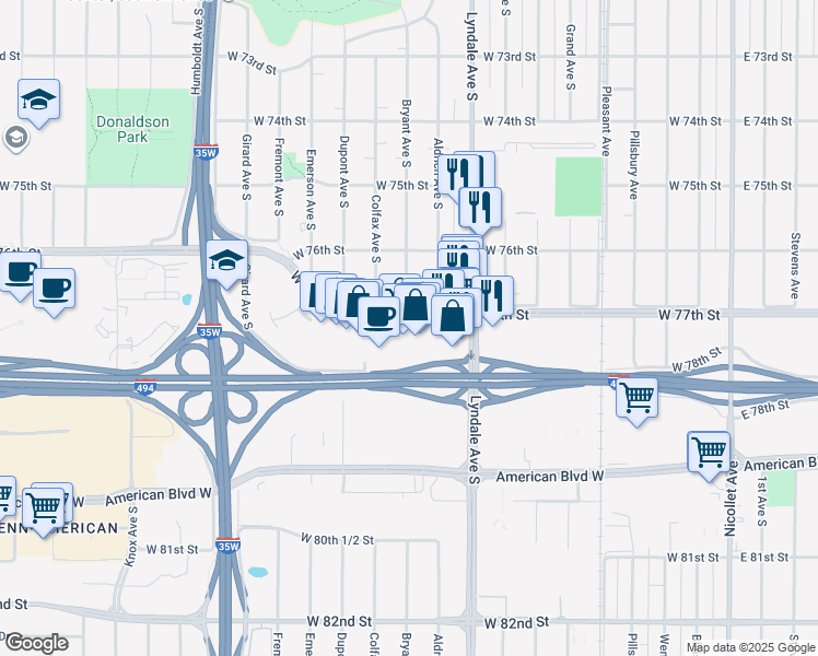 map of restaurants, bars, coffee shops, grocery stores, and more near 820 West 77th Street in Minneapolis