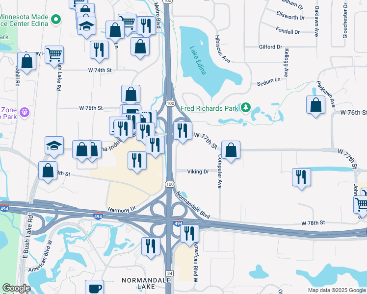 map of restaurants, bars, coffee shops, grocery stores, and more near 7769 Normandale Road in Edina