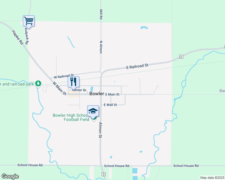 map of restaurants, bars, coffee shops, grocery stores, and more near 201 East Main Street in Bowler