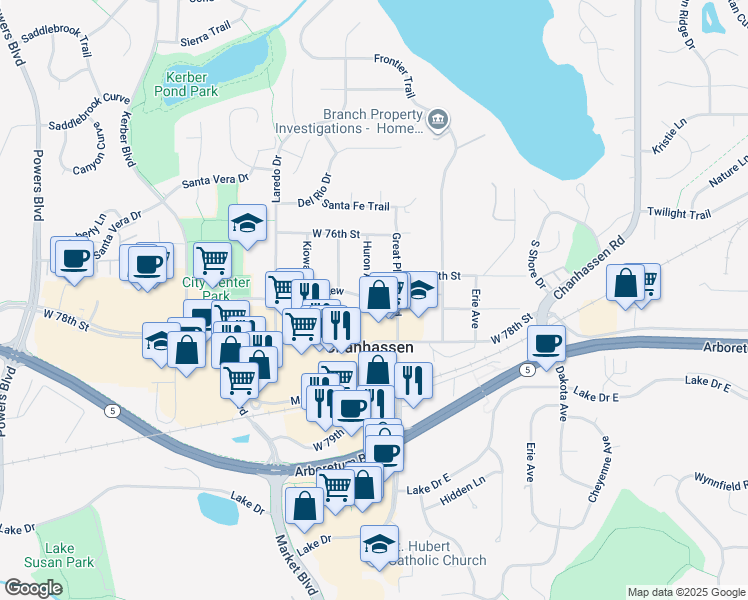 map of restaurants, bars, coffee shops, grocery stores, and more near 319 Chan View in Chanhassen