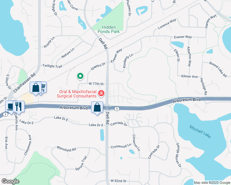 map of restaurants, bars, coffee shops, grocery stores, and more near 18345 Coneflower Lane in Eden Prairie