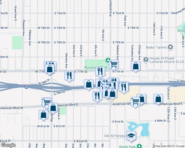 map of restaurants, bars, coffee shops, grocery stores, and more near 345 E 77th St in Minneapolis