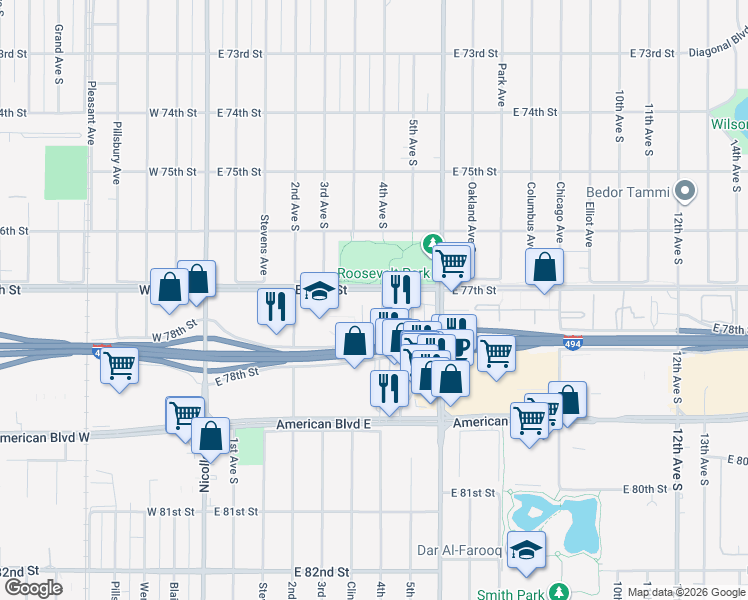 map of restaurants, bars, coffee shops, grocery stores, and more near 355 East 77th Street in Richfield