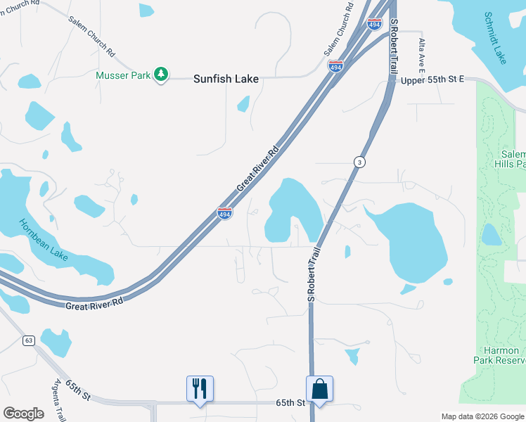 map of restaurants, bars, coffee shops, grocery stores, and more near 5900 Zehnder Road in Sunfish Lake