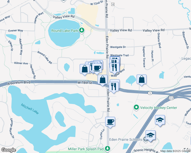 map of restaurants, bars, coffee shops, grocery stores, and more near 16518 Main Street in Eden Prairie